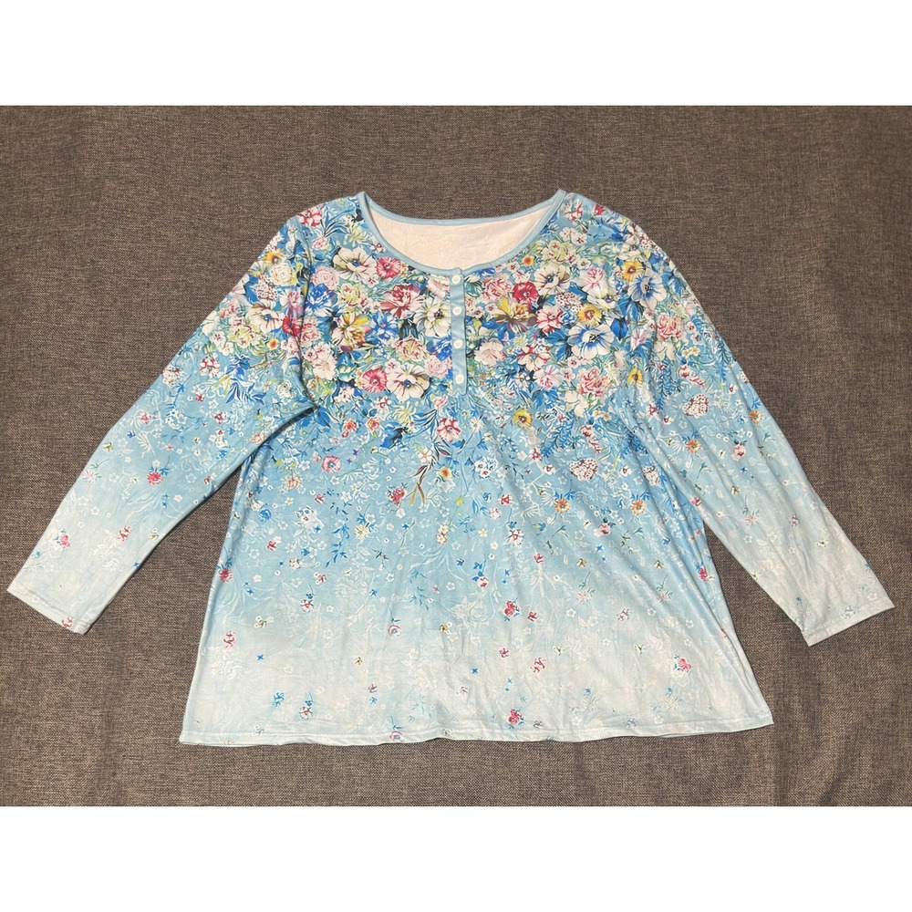 Unbranded Womens XXL Top Floral Henley Long Sleeve Light Blue Casual